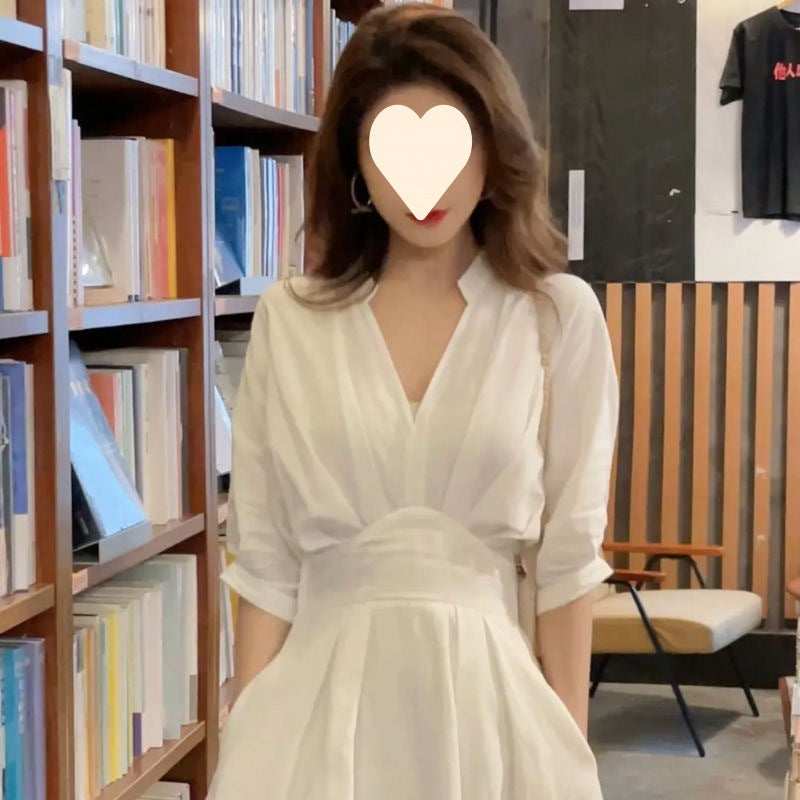 Unique Design Women's White V-Neck Dress Elegant Fashion Slimming Midi Dress