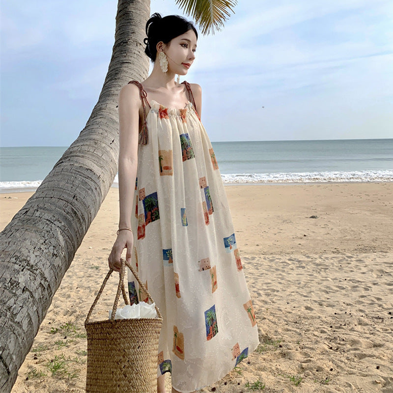 Sanya Beach Vacation Tassel Strap Printed Strap Dress Travel Photography Loose Temperament Fairy Sand Beach Dress