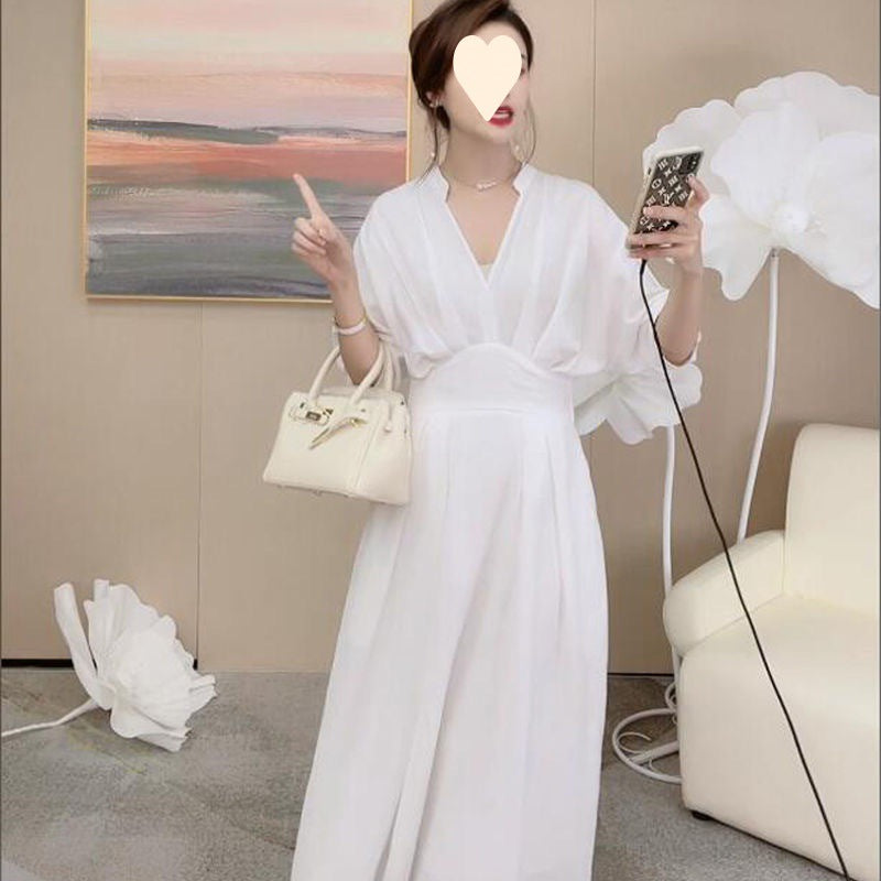 Unique Design Women's White V-Neck Dress Elegant Fashion Slimming Midi Dress
