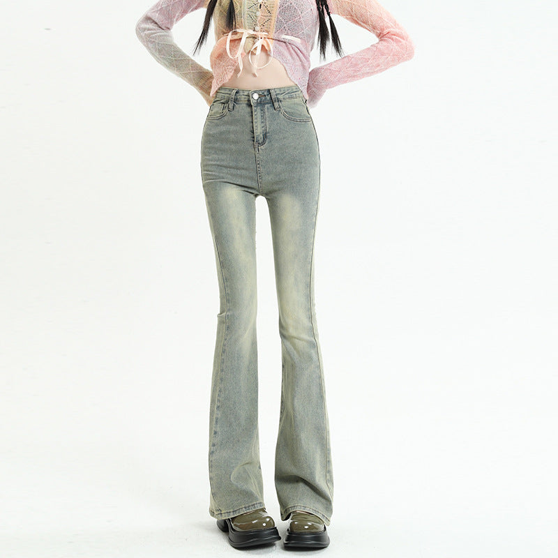 Flared Denim Pants for Women Spring Elastic Mud Yellow Color Flared Long Pants