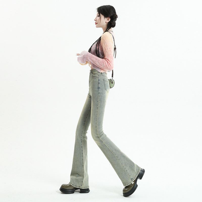 Flared Denim Pants for Women Spring Elastic Mud Yellow Color Flared Long Pants
