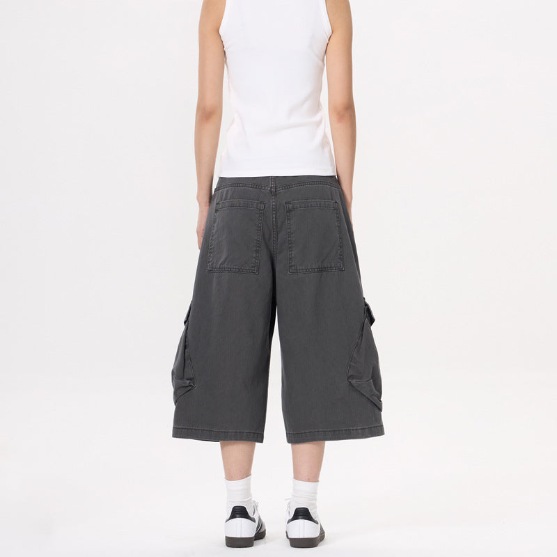 Women's  Washed Distressed Workwear 7/8 Pants Patchwork Wide Leg Jeans