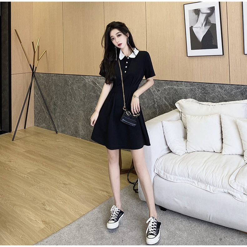 Audrey Hepburn Charm Little Black Dress Waist-Cinching Polo Collar Collared Dress Petite Dress