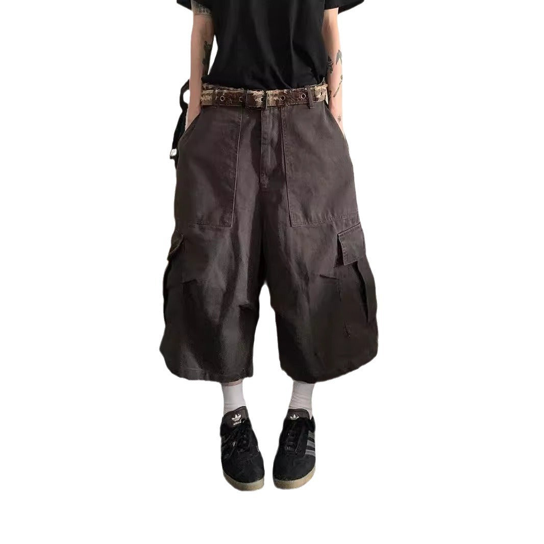 Pantalones de trabajo estilo urbano con pliegues, múltiples bolsillos, pernera ancha ajustable, largo tres cuartos, holgados y ajustados, informales.