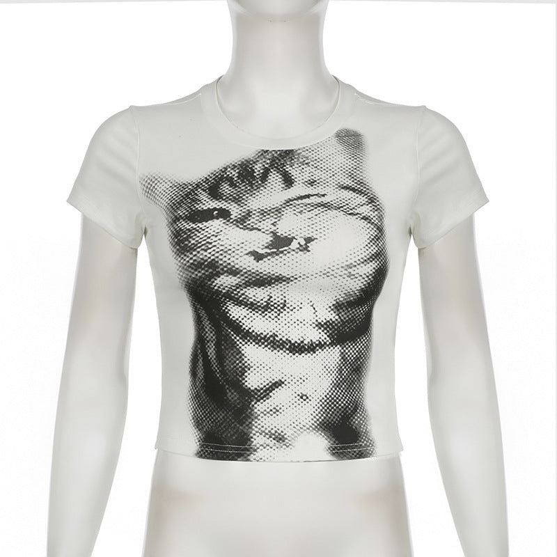 Harajuku Cat Print Short Sleeve Round Neck T-Shirt Y2K Retro Basic Versatile Fitted Top