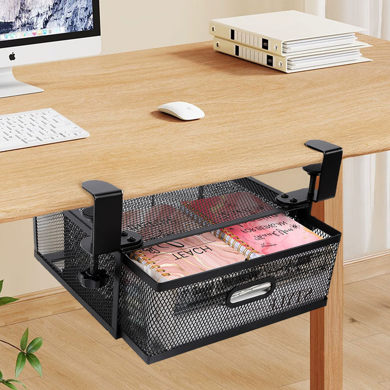 New punch-free under-desk drawer, hidden single-layer shelf, and metal lockable storage basket for office desks.
