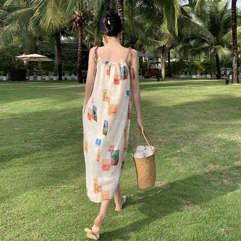 Sanya Beach Vacation Tassel Strap Printed Strap Dress Travel Photography Loose Temperament Fairy Sand Beach Dress