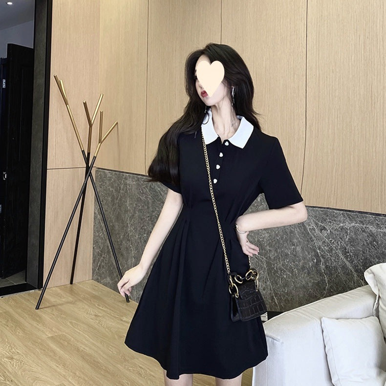 Audrey Hepburn Charm Little Black Dress Waist-Cinching Polo Collar Collared Dress Petite Dress