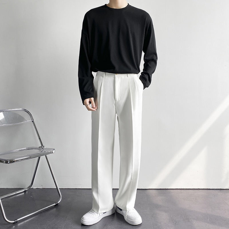 Button Pockets Loose Korean Style Suit Pants Men Spring Autumn Straight Wide Leg Trousers Casual Pants Male pantalones hombre