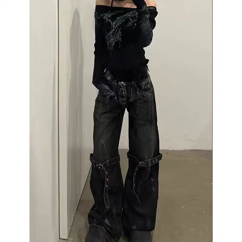 Pantalones vaqueros retro con cinturón, diseño de deconstrucción, estilo hip hop callejero, anchos. Leg Loose Trousers