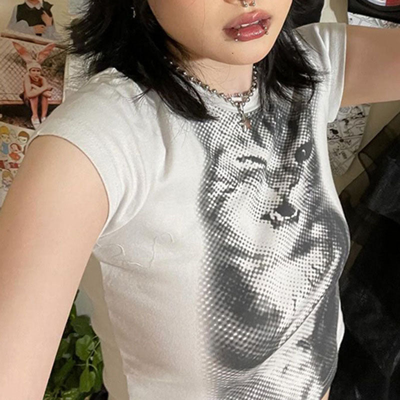 Harajuku Cat Print Short Sleeve Round Neck T-Shirt Y2K Retro Basic Versatile Fitted Top