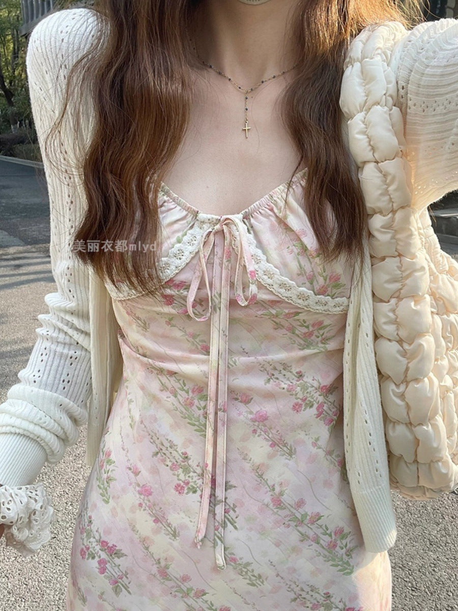 Lace Trimmed Floral Print Dress Women's French Gentle A-Line Strapless Long Dress