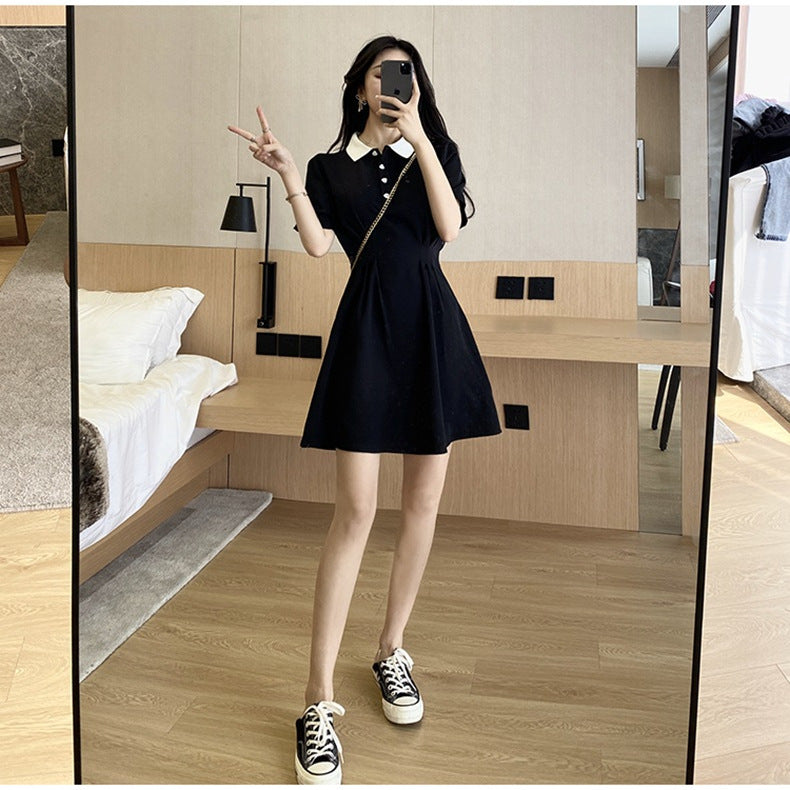 Audrey Hepburn Charm Little Black Dress Waist-Cinching Polo Collar Collared Dress Petite Dress