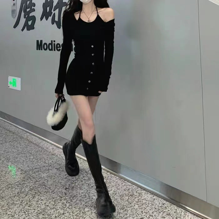 Two-Piece Spicy Black Strapless Dress Women's Pure Desire Fitted Slimming Bodycon Dress
