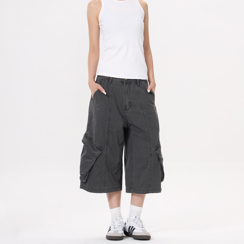 Women's  Washed Distressed Workwear 7/8 Pants Patchwork Wide Leg Jeans