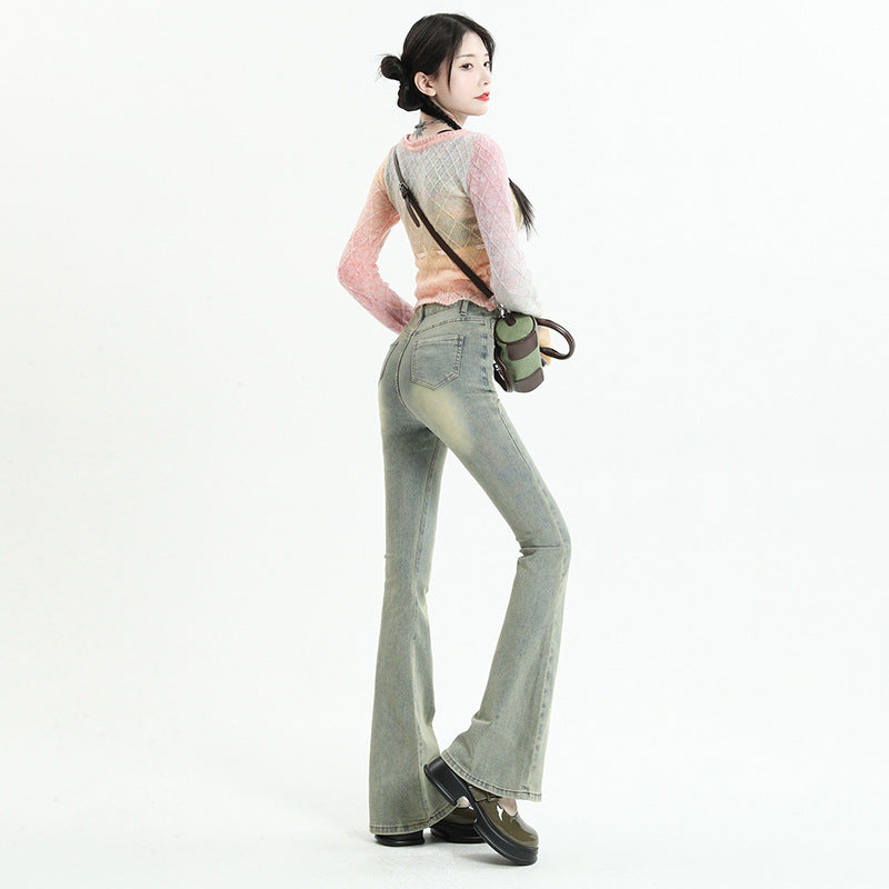 Flared Denim Pants for Women Spring Elastic Mud Yellow Color Flared Long Pants