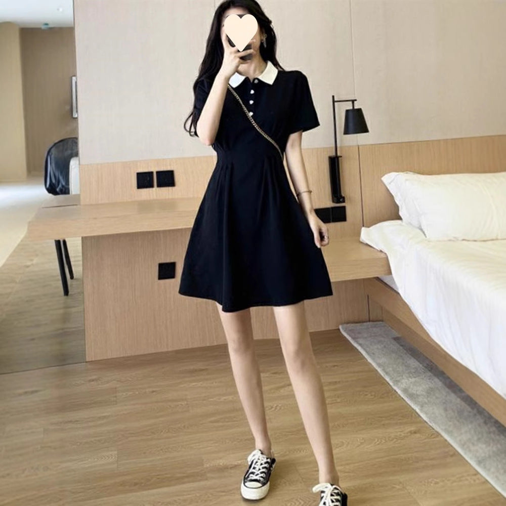 Audrey Hepburn Charm Little Black Dress Waist-Cinching Polo Collar Collared Dress Petite Dress