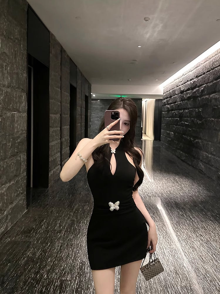 New Chinese Style Improved Qipao Spicy Girl Sexy Backless Black Halter Dress Women Spring Fitted Bodycon Tank Dress