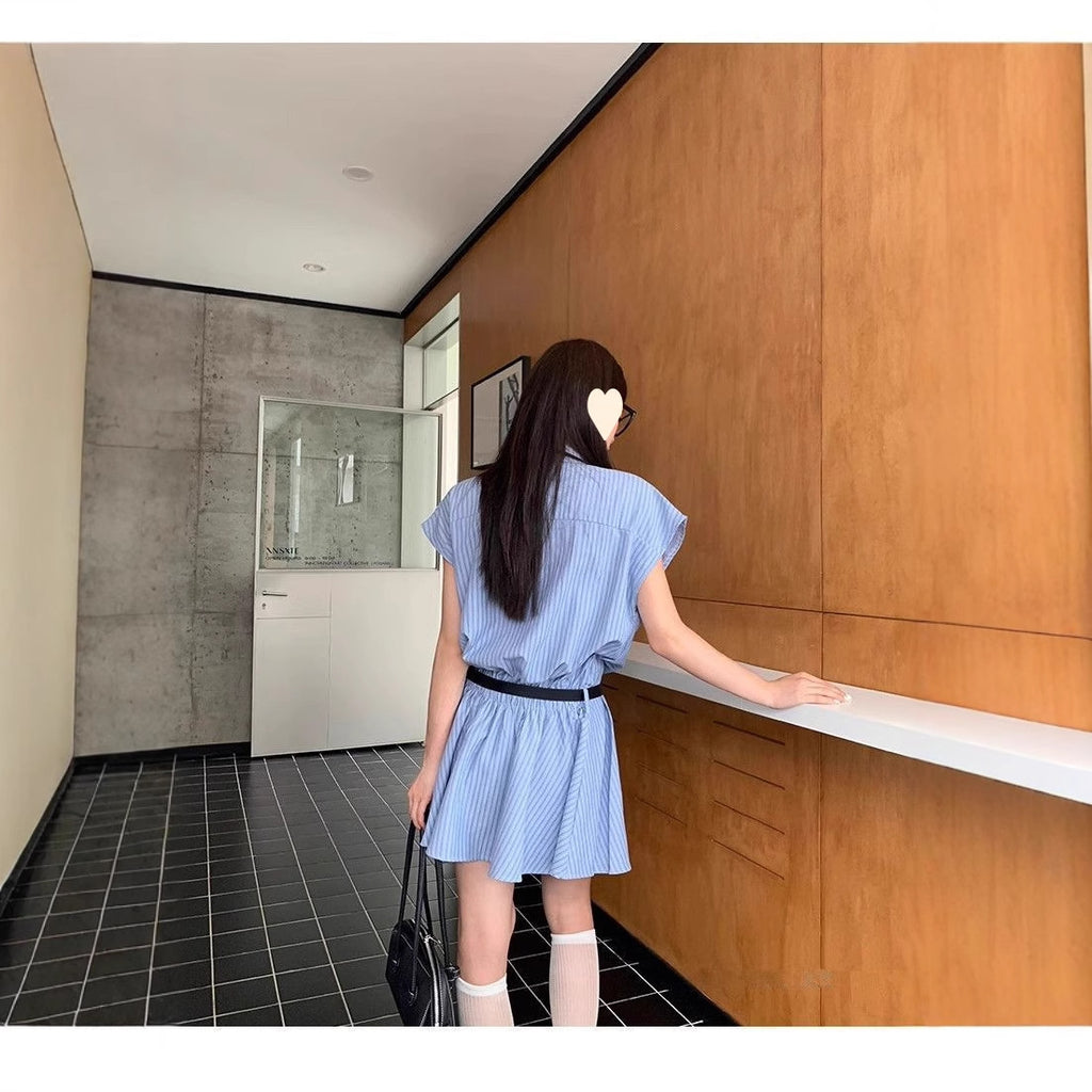 Blue Striped Shirt Dress Women Style College Wind Waist-Cinched Pleated Short Skirt