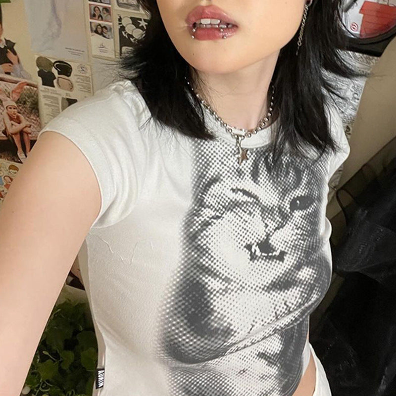 Harajuku Cat Print Short Sleeve Round Neck T-Shirt Y2K Retro Basic Versatile Fitted Top