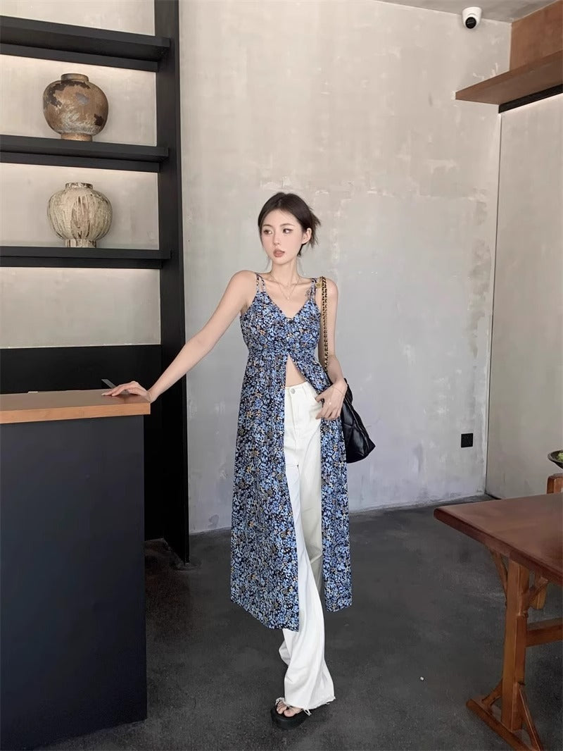 French Floral V-Neck Strapless Dress Women's Sweet and Spicy Split Long Dress Blue Retro Charm