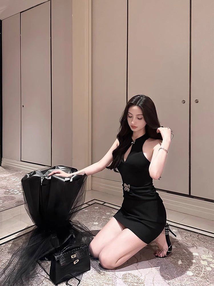 New Chinese Style Improved Qipao Spicy Girl Sexy Backless Black Halter Dress Women Spring Fitted Bodycon Tank Dress