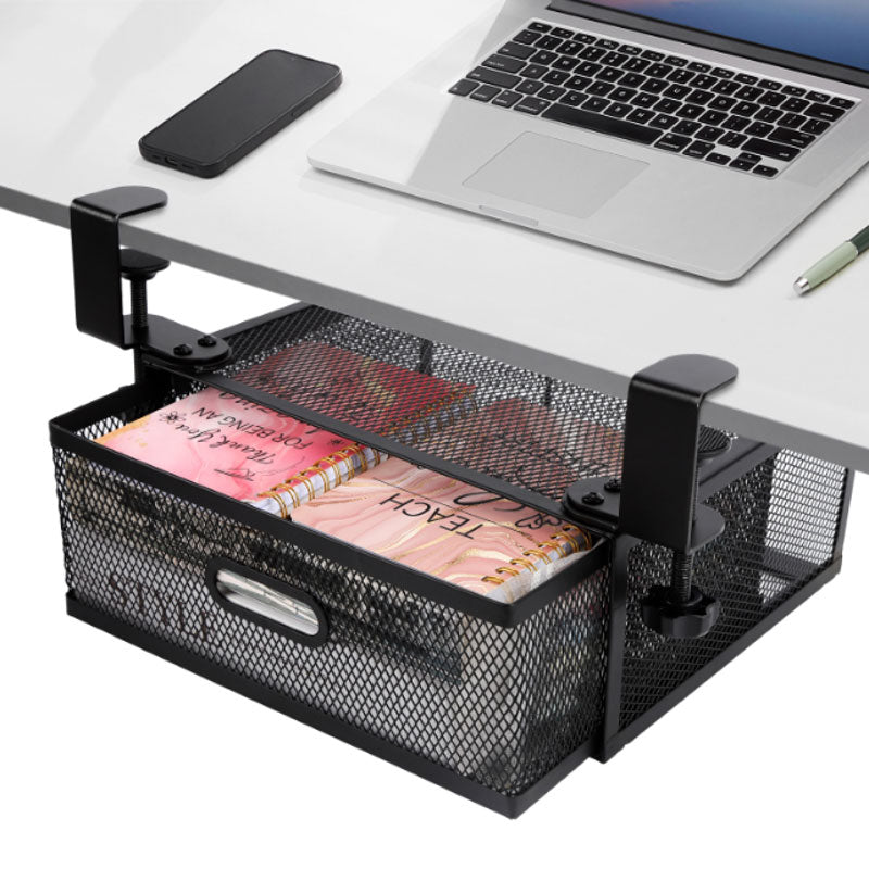 New punch-free under-desk drawer, hidden single-layer shelf, and metal lockable storage basket for office desks.
