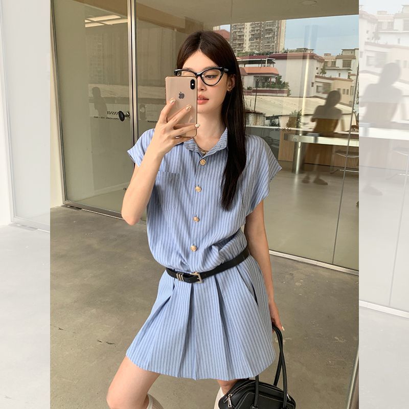 Blue Striped Shirt Dress Women Style College Wind Waist-Cinched Pleated Short Skirt