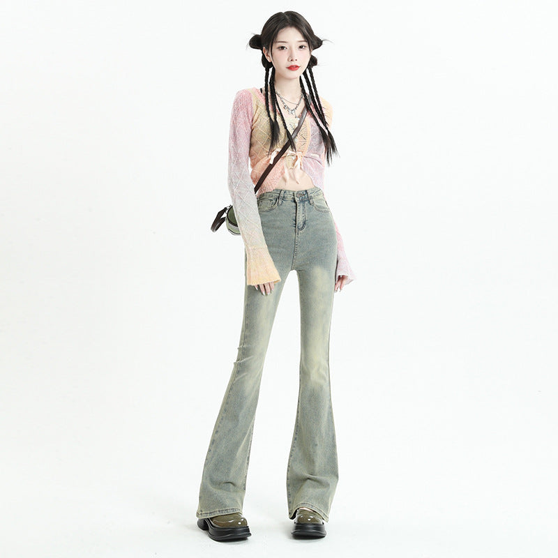 Flared Denim Pants for Women Spring Elastic Mud Yellow Color Flared Long Pants