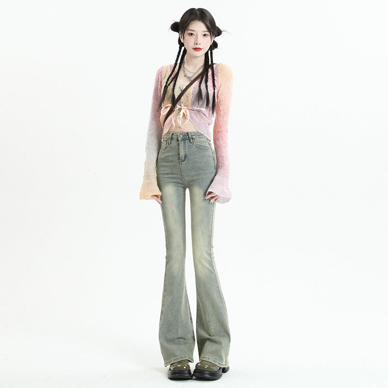 Flared Denim Pants for Women Spring Elastic Mud Yellow Color Flared Long Pants