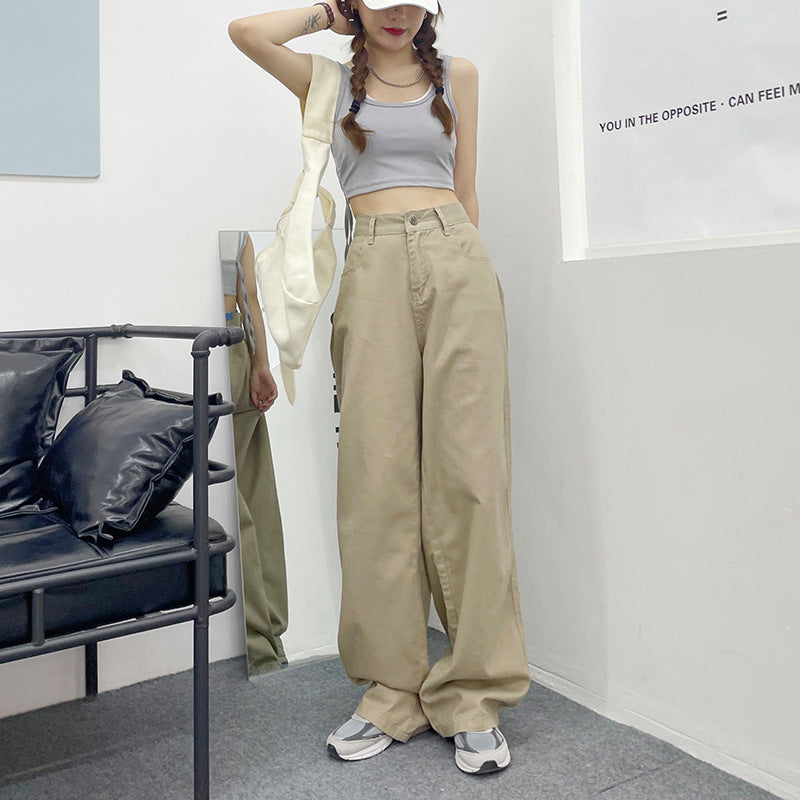 Khaki Wide-Leg Jeans Women's Summer Retro High-Waist Draped Floor-Length Pants