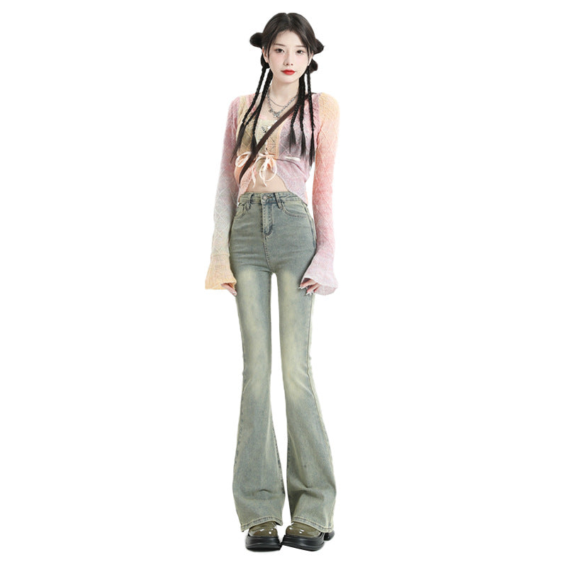 Flared Denim Pants for Women Spring Elastic Mud Yellow Color Flared Long Pants