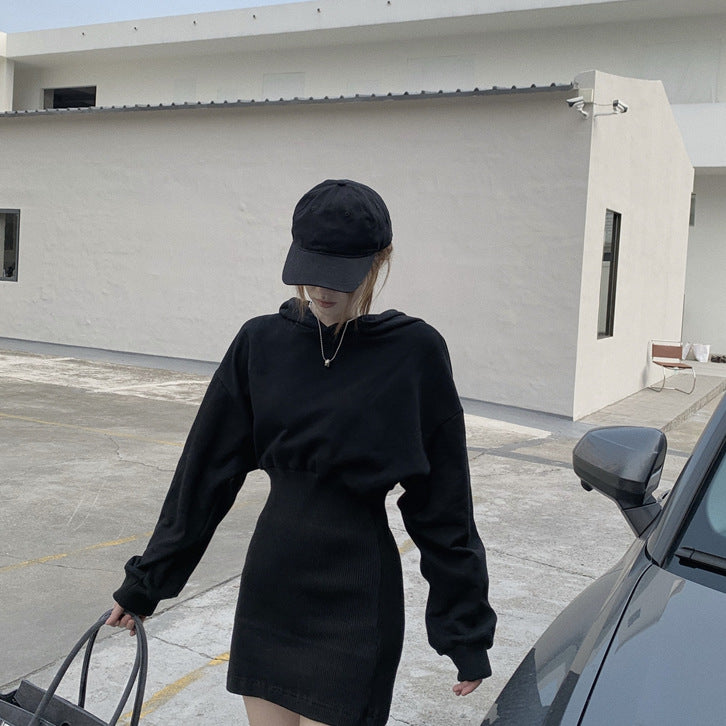 Design Sense Petite Light-Mature Hepburn Style Black Hoodie Dress