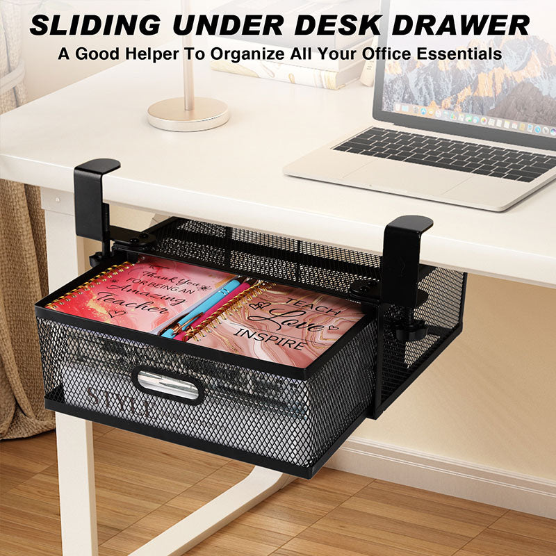 New punch-free under-desk drawer, hidden single-layer shelf, and metal lockable storage basket for office desks.