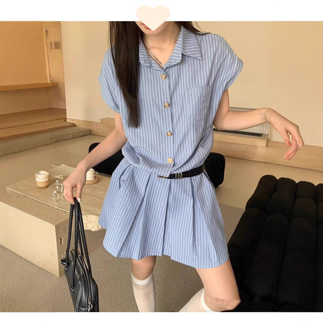 Blue Striped Shirt Dress Women Style College Wind Waist-Cinched Pleated Short Skirt