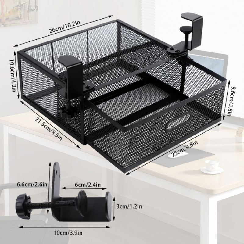 New punch-free under-desk drawer, hidden single-layer shelf, and metal lockable storage basket for office desks.