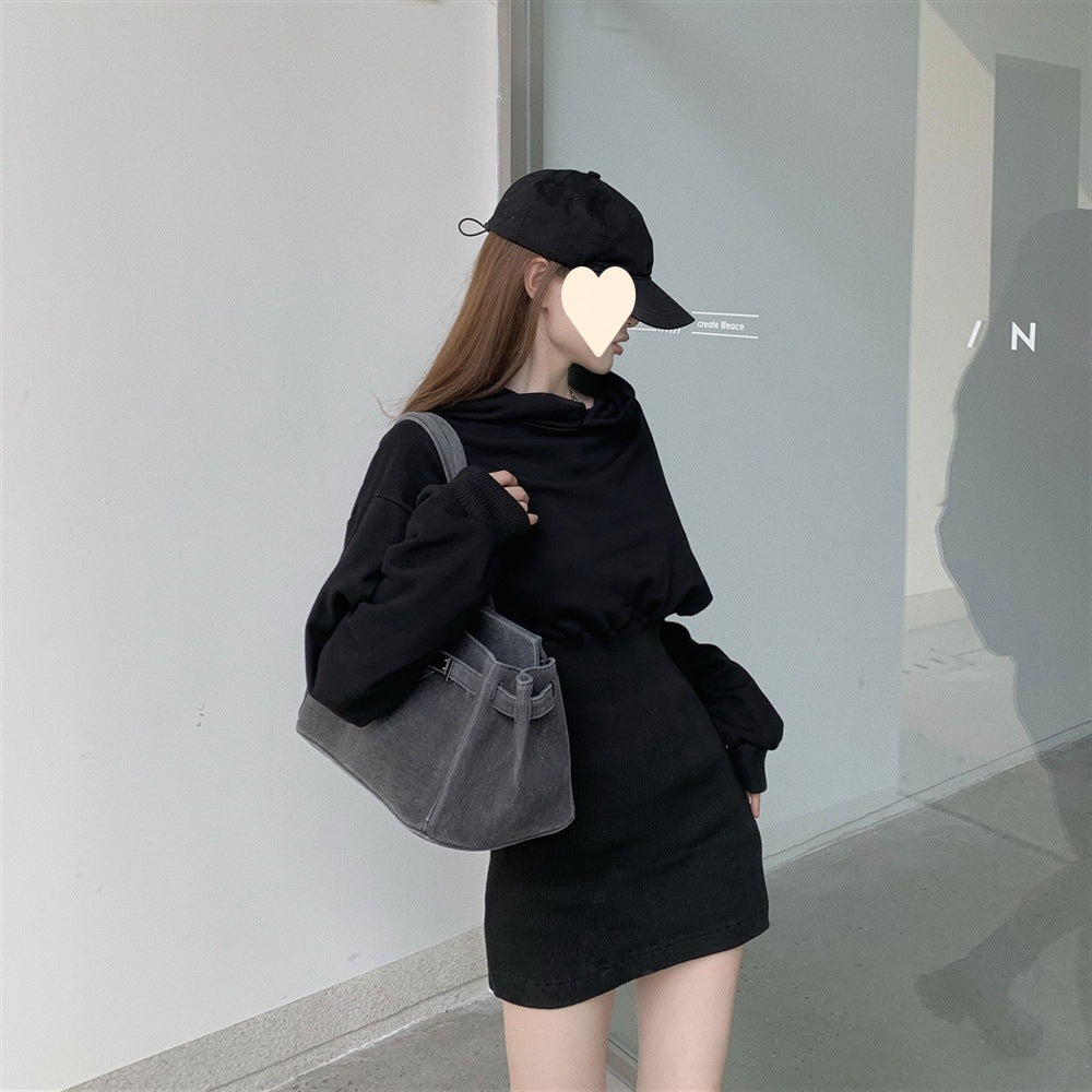 Design Sense Petite Light-Mature Hepburn Style Black Hoodie Dress