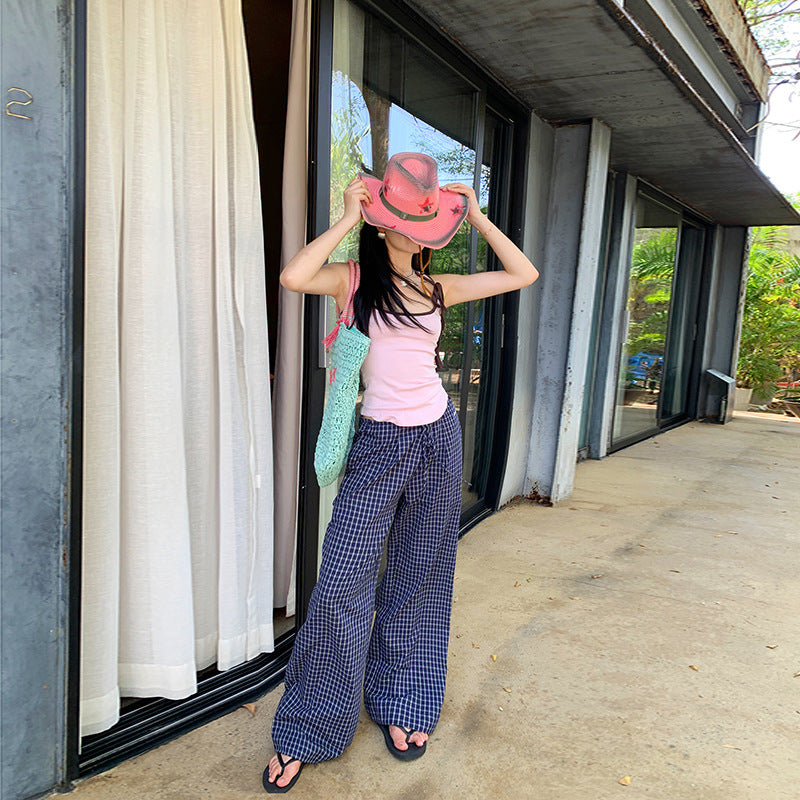 Women's Pants with Blue Plaid High Waist Slimming Straight Leg Wide Leg Trousers