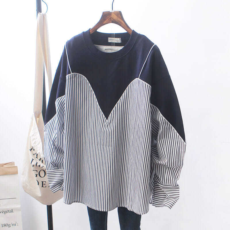 Oversized Tops Fashion Sweatshirts Women Clothing Patchwork Striped Casual Y2k Top Chic Fake Two Korean Loose Hoodies Ropa Mujer