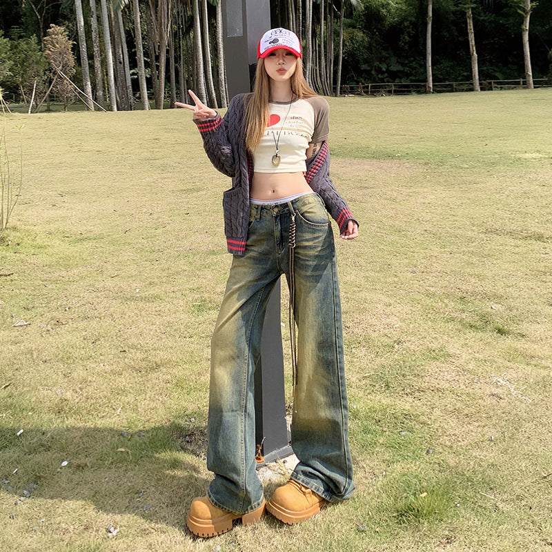 Women's Low-Waist Flared Denim Pants Loose Wide-Leg Straight Trousers