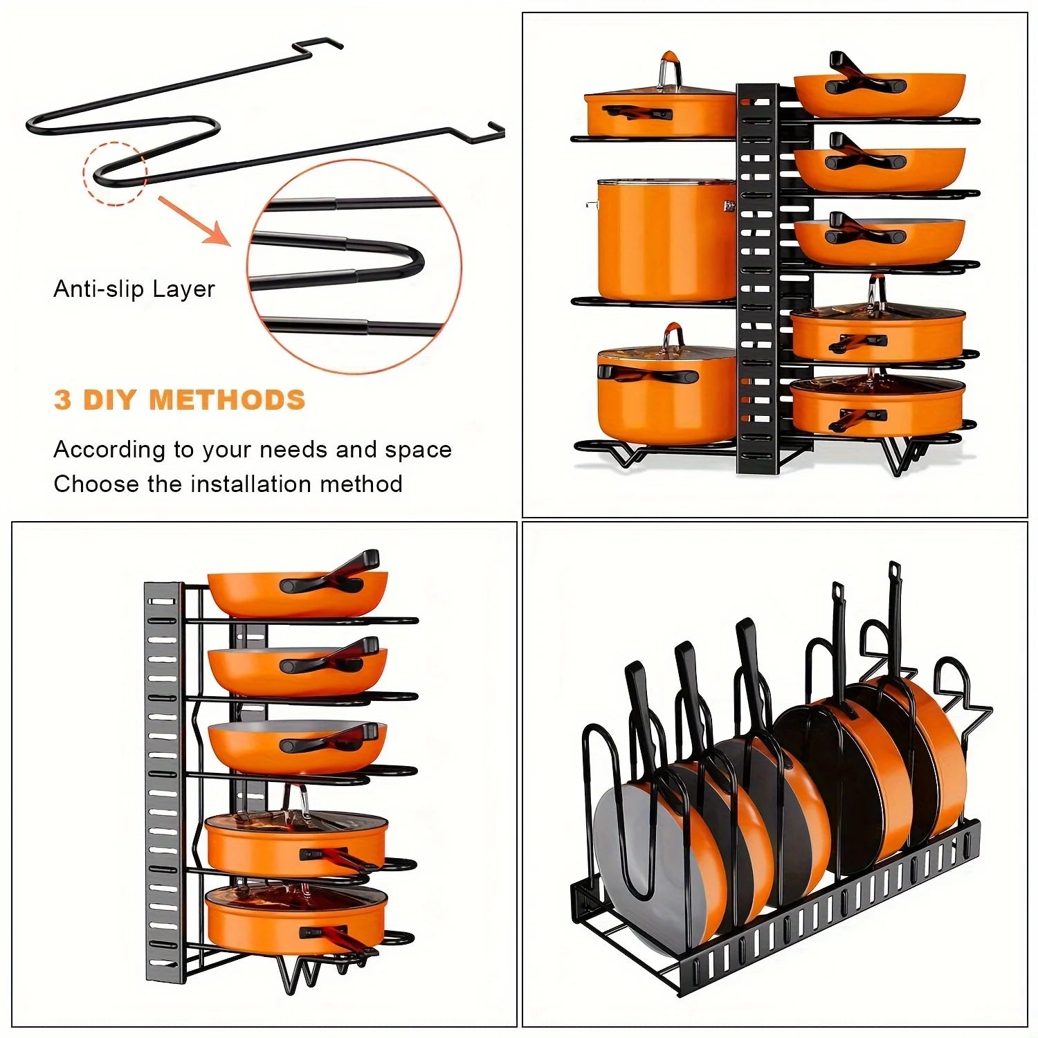 Organizador de estante para ollas de 8 niveles, metal duradero, soporte para gabinete que ahorra espacio para ollas, sartenes y tapas, mantiene tu cocina limpia y ordenada