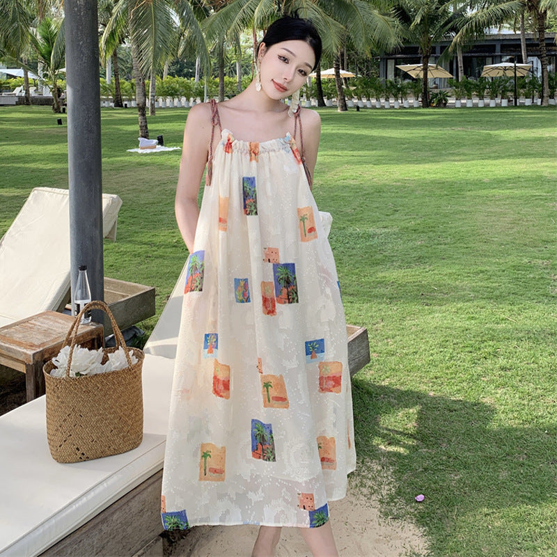 Sanya Beach Vacation Tassel Strap Printed Strap Dress Travel Photography Loose Temperament Fairy Sand Beach Dress