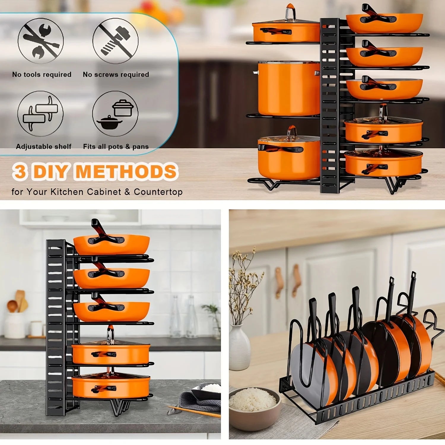 Organizador de estante para ollas de 8 niveles, metal duradero, soporte para gabinete que ahorra espacio para ollas, sartenes y tapas, mantiene tu cocina limpia y ordenada