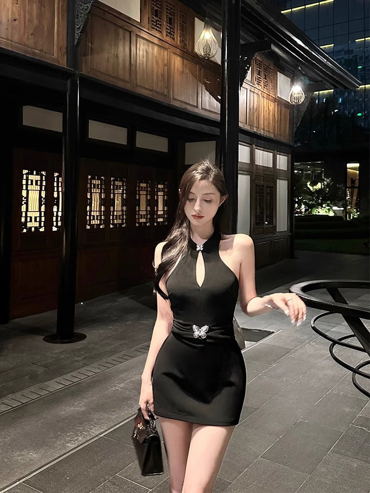 New Chinese Style Improved Qipao Spicy Girl Sexy Backless Black Halter Dress Women Spring Fitted Bodycon Tank Dress