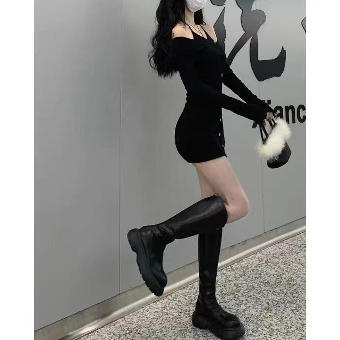 Two-Piece Spicy Black Strapless Dress Women's Pure Desire Fitted Slimming Bodycon Dress