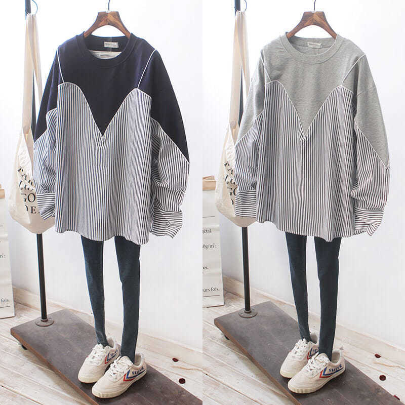 Oversized Tops Fashion Sweatshirts Women Clothing Patchwork Striped Casual Y2k Top Chic Fake Two Korean Loose Hoodies Ropa Mujer