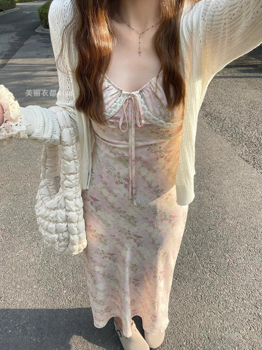 Lace Trimmed Floral Print Dress Women's French Gentle A-Line Strapless Long Dress