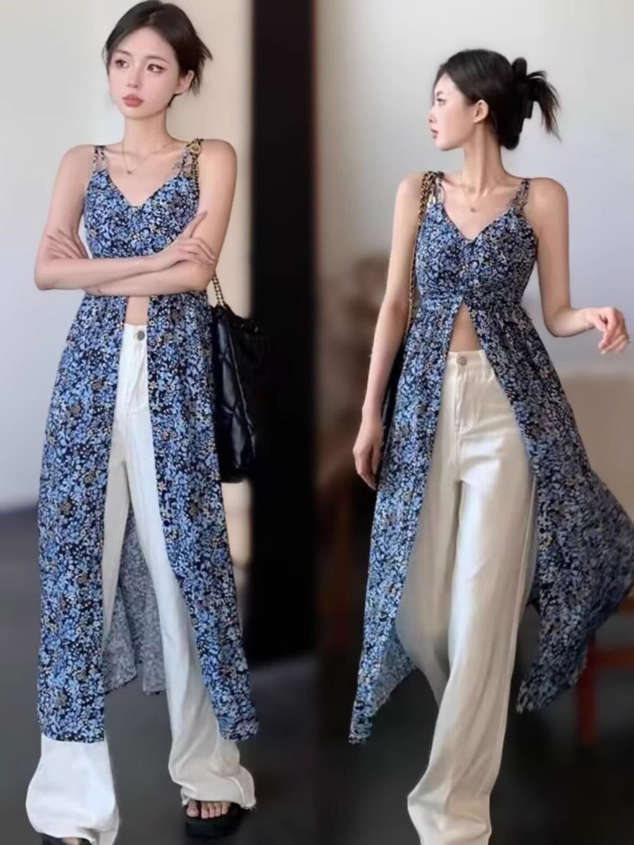 French Floral V-Neck Strapless Dress Women's Sweet and Spicy Split Long Dress Blue Retro Charm