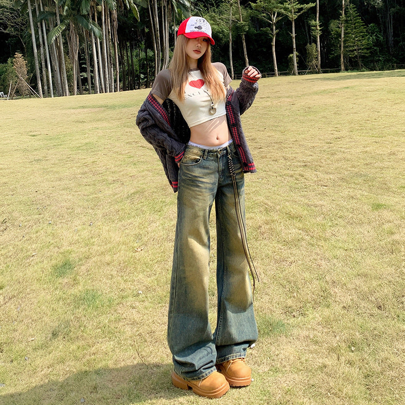 Women's Low-Waist Flared Denim Pants Loose Wide-Leg Straight Trousers