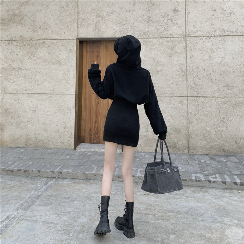Design Sense Petite Light-Mature Hepburn Style Black Hoodie Dress